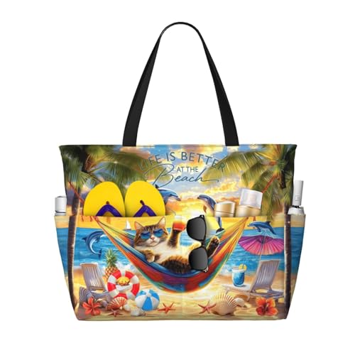 Wsotce Extra Large Beach Bags For Women, Waterproof Beach Totes Bags For Women, Lightweight Foldable Cute Cat Pool Bag With Zipper For Pool Travel Vacation Gym