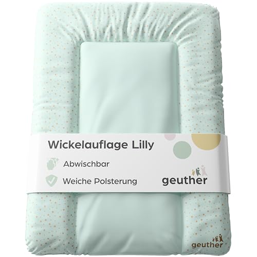 Geuther Wickelauflage abwaschbar 52x72 cm | Wickelunterlage Lilly für Wickelregal Clarissa & andere | Sicher dank erhöhtem Rand & Kopfschutz | Wickeltischauflage | Design Starry Night Green