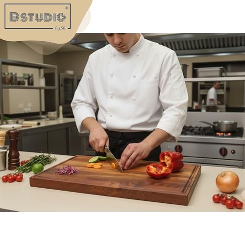 Image of Edge Grain Wood Chopping Board | Teakwood Cutting Board with Non-Slip Rubber feet | Vegetables, Meat, Cheese Cutting | Food Grade Finish with Mineral Oil and Beeswax | 1 Year Warranty