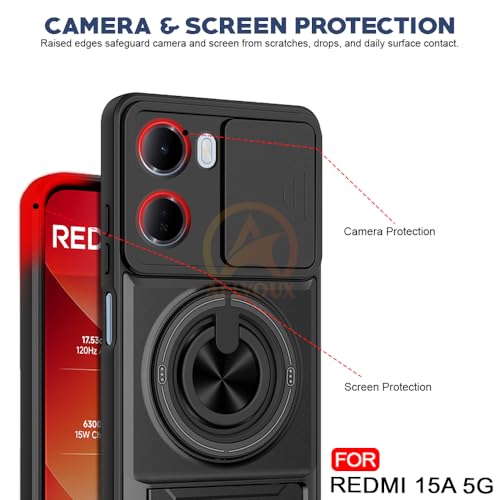 Image of Redmi 15A 5G Back Cover | Armor Camera Slider 360 Degree Rotating Finger Ring Holder Case with Bracket Stand Back Case Cover (Compatible with MagSafe Accessories) (Black)