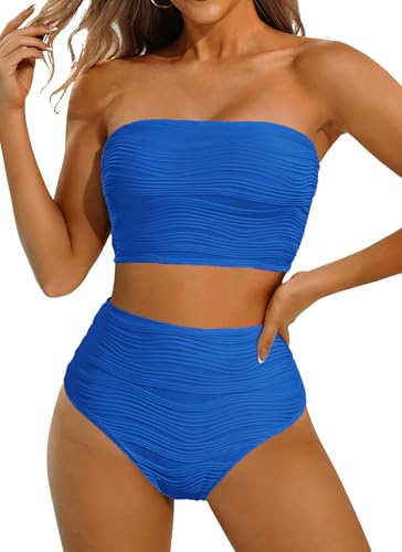 Image of High Waisted Bandeau Bikini Set - Women Strapless Two Piece Swimsuits Ribbed Longline Full Coverage Bathing Suits Swimwear