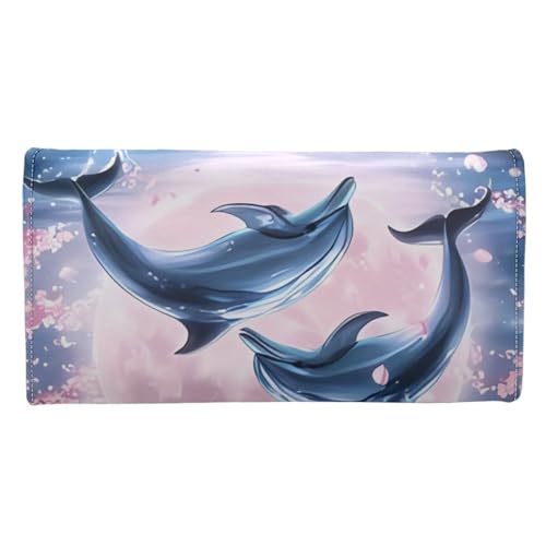 Image of AFPANQZ Dolphin Cherry Blossom Women Wallet Soft Leather Designe, Travel Party Shopping Outdoor Vintage Phone Holder Pockets