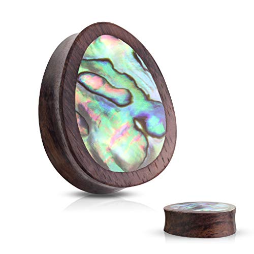 Pierced Owl - Abalone Inlaid Sono Wood Tear Drop Saddle Plugs, Sold as a Pair2