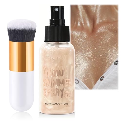 Champagne Gold Body Shimmer Oil Spray with Non-Sticky, Waterproof Formula. Lightweight, Face & Body Glow Illuminator. Includes Makeup Brush for Luminous Highlighter & Radiant Look