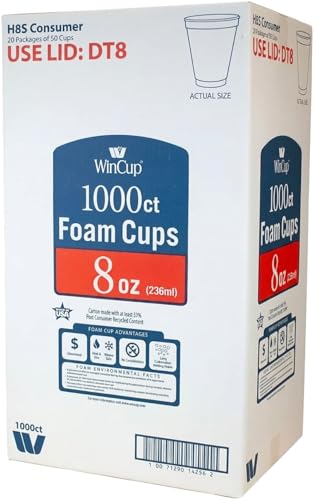 Win-Cup 8 oz White Foam Cups Disposable Styrofoam Drinking Cups Insulated for Hot & Cold Beverages No Condensation Case of 1000 (8C8W)