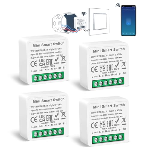 CNBINGO Smart włącznik światła, 4 sztuki, pasuje za tradycyjnymi przełącznikami ściennymi, Wi-Fi, mini przełącznik DIY, moduł przekaźnika, kompatybilny z Alexa i Google Assistant, 2-drożny, wymagany