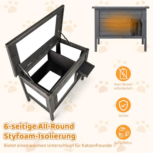 COSTWAY Katzenhaus Outdoor Winterfest, Katzenhütte für Winter, Holz, Katzenhöhle mit Schaumisolierung & Dach & PVC-Tür & Trennwand, für Außenbereich Innenbereich, 88 x 55 x 69 cm, Schwarz