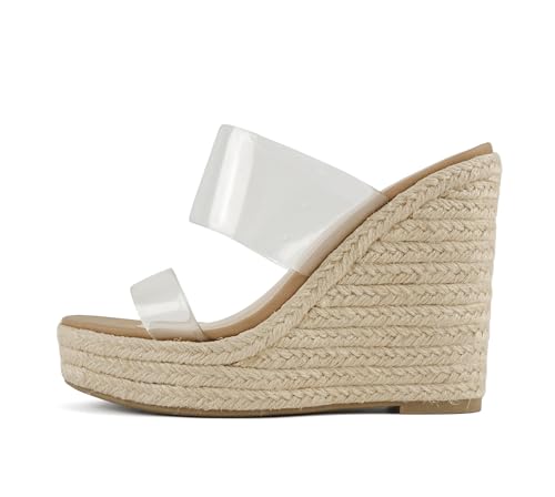 Soda Bigfan ~ Women Open Toe Clear Strap Espadrille Wedge Sandals (Clear Lucite, 8.5) by Soda - Used condition - US$19.52