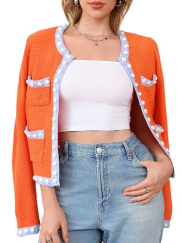 Cropped Cardigan for Women Open Front Jackie O Sweater Jacket Button Down Fall Chunky Knit Coats