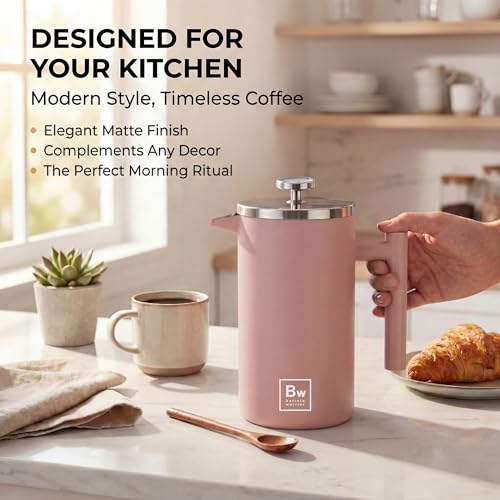 Image of Barista Warrior French Press Coffee Maker - Double-Wall Stainless Steel Insulated French Press with Built-In Thermometer, Dual Filters Coffee Maker with Wooden Spoon - Pink