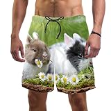 Short de bain pour homme avec poches - Motif lapin blanc mangeant des marguerites - Séchage rapide - Doublure en maille - Pour l'été, multicolore, S