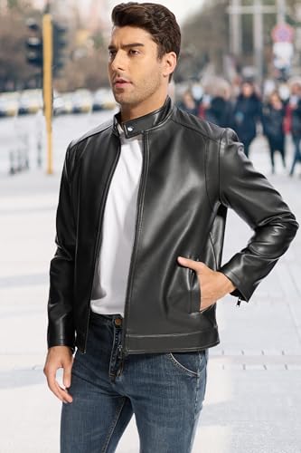 Fahsyee Leather Jacket Men Lightweight Motorcycle Jackets Men's Stand Collar Bomber Coat with Pockets and Zip3