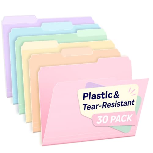 Sooez Plastic File Folders, 30 Pack Heavy-Duty Colored Folders with Labels