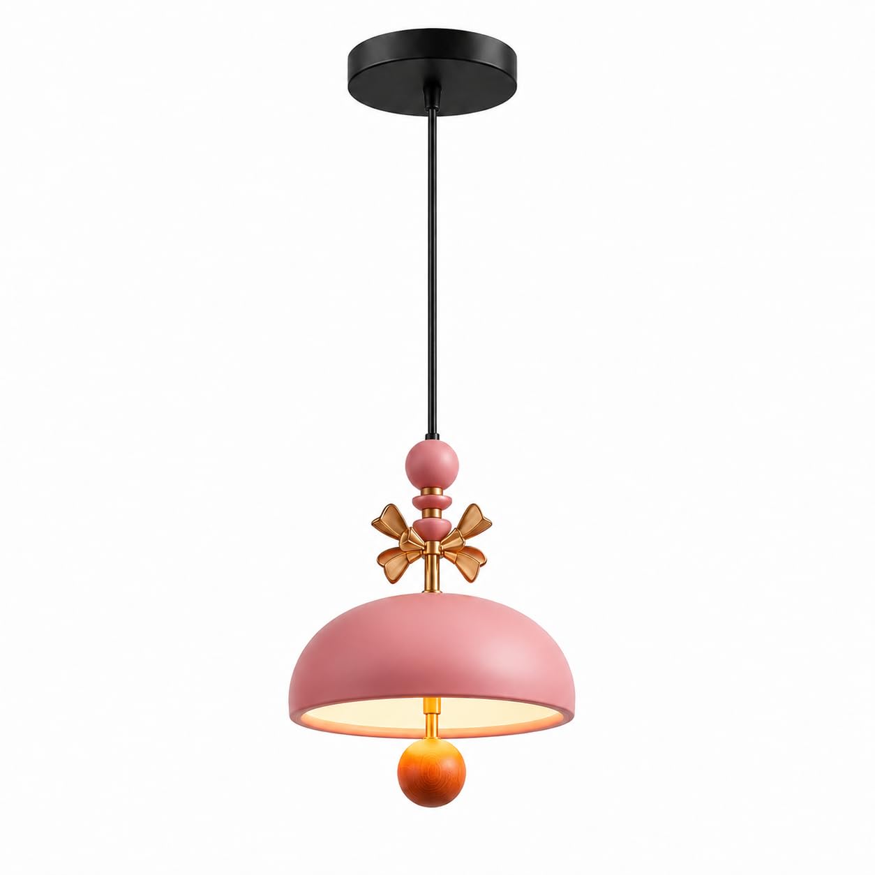 ESIYUVO Vintage Wood and Metal Pendant Light, Dome Shade Hanging Lamp with Brass-Tone Floral Accent, Black Canopy and Adjustable Cord for Dining Room, Kitchen Island, Bedroom, Hallway and Entryway