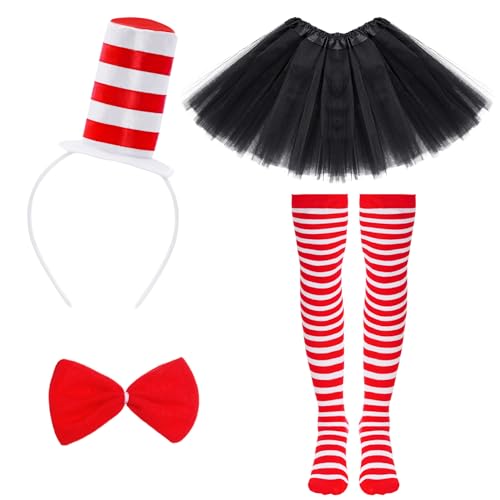 Image of jerbro 4pcs Cat Costume Tulle Tutu Skirts Top Hat Headband Bowtie Striped Tight for World Book Day Costumes Halloween Cosplay Dress Up Party (Black)