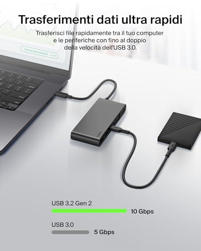 Connect Hub USB C a 8 Porte, Supporta Display con Risoluzioni Fino a 4K a 60 Hz, Funziona con Mac, Windows e Chromebook, 100W PD con Trasferimenti dati di 10Gbps ed Ethernet 2,5 Gbps - Grigio - Hub USB - Immagine 6