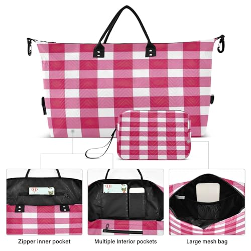 Kigai Rose Color Buffalo Plaid Travel Duffel Bags 2PCS,Sports Duffel Bags for Men Women,Weekender Overnight Bag Gym Tote Bag with Toiletry Bag2