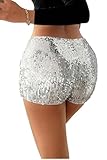 Milumia Women's Sparkly Sequin Shorts Low Waist Straight Leg Shorts Party Rave Concert Silver