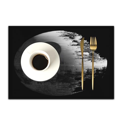 Image of DASNK Table Mats Set of 4 Woven Vinyl Place Mats for Dinner Table Washable & Durable Indoor/Outdoor Use Table Accessories,War Death Star Black Gray,12x18in