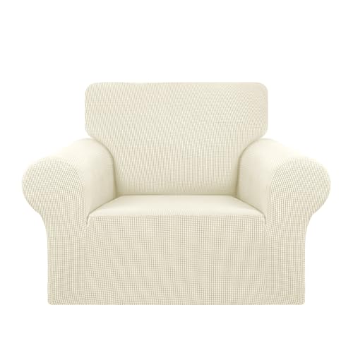 KEKUOU Stretch Single Sofa Slipcover 1 Piece Couch Sofa Cover (31"-55") Furniture Protector 1 Seater Sofa with Elastic Bottom for Kids,Pet.Jacquard Small Checked Pattern Fabric(Small,Beige)