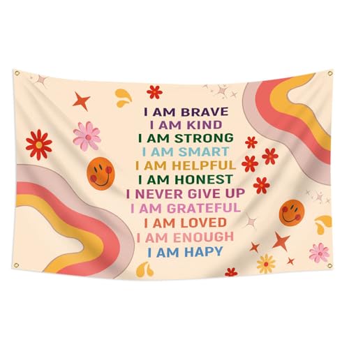 Rainbow Motivational Flag 3 * 5Ft Wall Hanging Quote Positive Affirmations Saying Inspirational Classroom Tapestry Aesthetic Boho Kids Room Decor for Bedroom Living Room Dorm