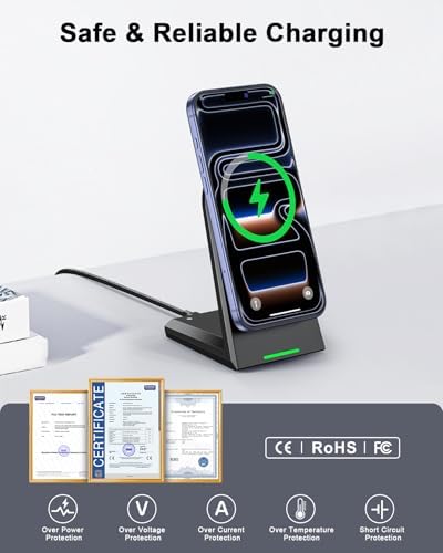 NANAMI Magnetic Wireless Charger for iPhone 17 16 15 14 13 12, 25W Fast Charging Stand, MagSafe Compatible Charger with Auto-Dimming LED for Desk & Nightstand — view 7