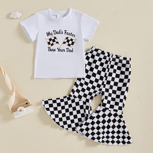 Toddler Baby Girl Summer Outfit Race Car Letter Print Short Sleeve T-Shirt Checkered Bell Bottom Pants 2Pcs Set3