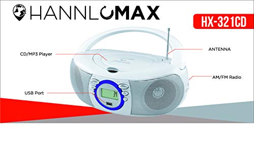 HANNLOMAX HX-321CD Portable CD/MP3 Boombox, AM/FM Radio, Bluetooth, USB Port for MP3 Playback, Aux-in, LCD Display, AC/DC Dual Power Source (White)