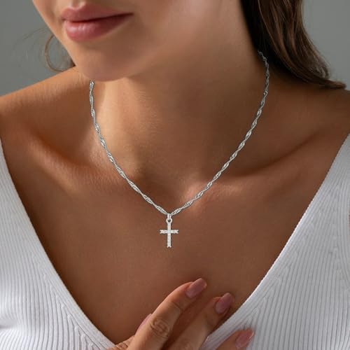 Fezodo Cross Necklace for Women Trendy - Dainty 18K White Gold Plated Minimalist CZ Cross Necklace Non Tarnish Waterproof Trendy Cute Simple Small Necklaces Christian Religious Faith Jewelry Gifts — view 4