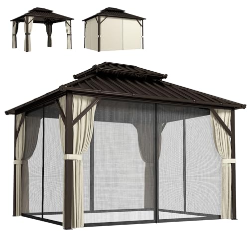 Image of Outsunny 3 x 3.6 m Outdoor Hardtop Gazebo Canopy with UPF50+ Double Galvanised Steel Roof, Aluminium Frame Garden Permanent Pavilion with Mosquito Netting and Curtains, Ceiling Hooks for Patio, Brown