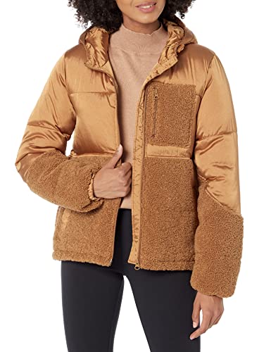 Amazon Essentials Chaqueta Acolchada con Capucha de Forro Polar Sherpa con Cierre Completo para Mujer, Color Camello Oscuro, Talla M