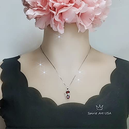 Spessartite Garnet Cat Necklace - 18Kgp @ Sterling Silver - Diamond Kitty Cat Pendant - Pet Lover Gift - Kitten Garnet Jewelry 18+2" #TOP6