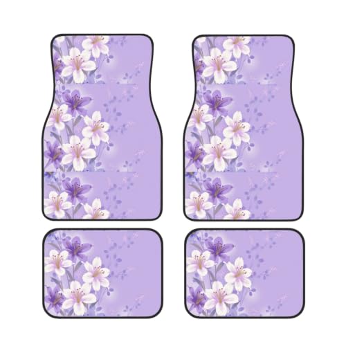 Alfombrillas de coche de neopreno con flores moradas juego universal antideslizante 4 piezas