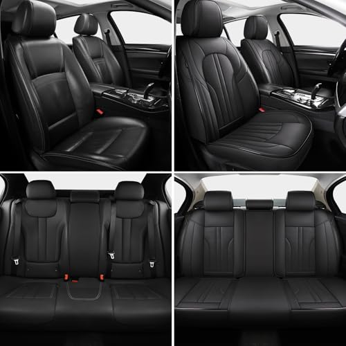 Image of MINGBRON Car Seat Cover Full Set, Leather Car Seat Cover, Waterproof Seat Covers, Car Seat Cushion, Nappa Leather Seat Covers Car Seat Protector Universal Fit Most Cars Black