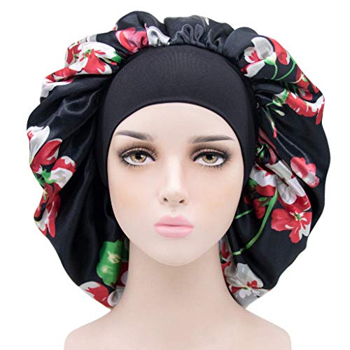 Satin Hair Bonnet for Black Women Extra Large Double Layer Elastic Wide Band Silkly Satin Cap for Braid Curly Natural Hair Black