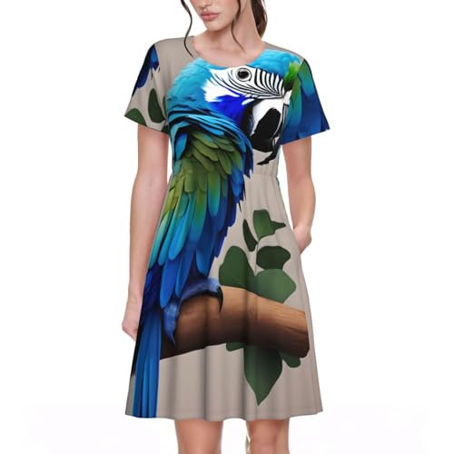 Robe d'été décontractée manches courtes bleu motif perroquet vêtement femme léger