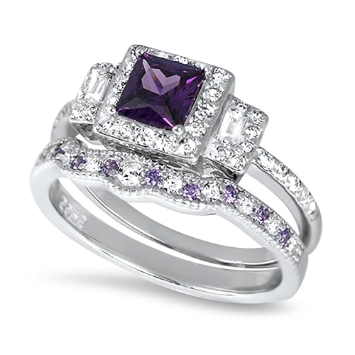 His Her Wedding Ring Set 3 Piece Trio Purple Simulatred Amethyst Bride Groom Couples Rings4