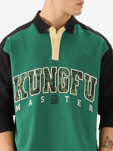 Image of The Souled Store Official Kung Fu Panda: Master Men and Boys Full Sleeve Collared Neck Multicolor Graphic Printed Cotton Oversized T-Shirts