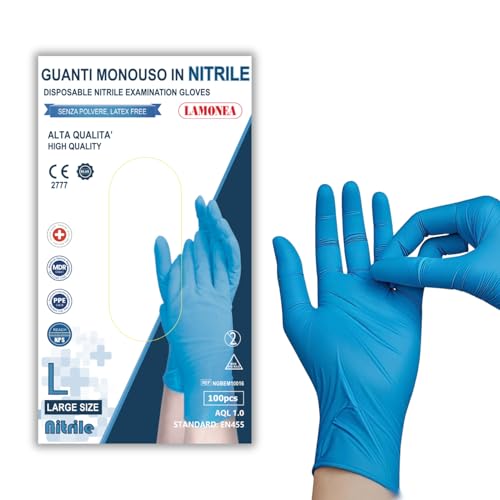 LAMONEA - 100 Guanti Azzurri Monouso in Nitrile AQL 1.0 - Certificato CE - Senza Polvere di Alta Qualità, confezione da 100 pezzi (taglia L) - NGBEM10016