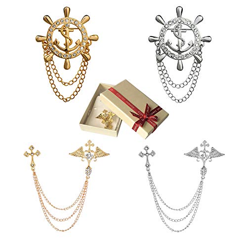 Huture 4PCS Vintage Lapel Pin Retro Brooch British Style Navy Roulette Tuxedo Shirts Scarf Unisex Accessories Birthday Anniversary Gift, Rhinestone Anchor/Wing Pair Cross Hanging Chain, Silver/Gold