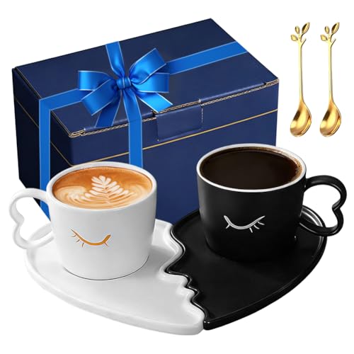 Set di 2 tazze in ceramica con piattini, 200 ml, per uomini e donne, regalo romantico per matrimonio, fidanzamento, anniversario di matrimonio e San Valentino