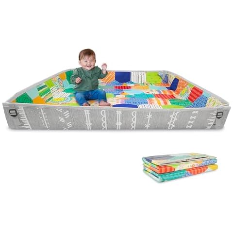 Infantino Foldable Soft Foam Mat, Extra Large Double-Sided Cushioned Portable Play Mat with Fold-Up Sides, Non Slip Crawling & Playing for Infants and Toddlers, Multicolor Cover