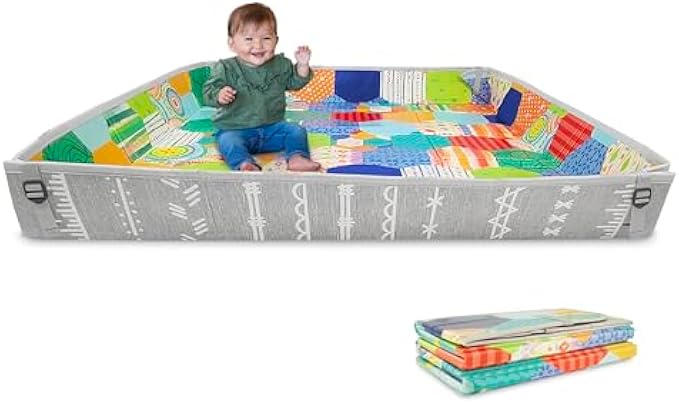 Infantino Foldable Soft Foam Mat, Extra Large Double-Sided Cushioned Portable Play Mat with Fold-Up Sides, Non Slip Crawling & Playing for Infants and Toddlers, Multicolor