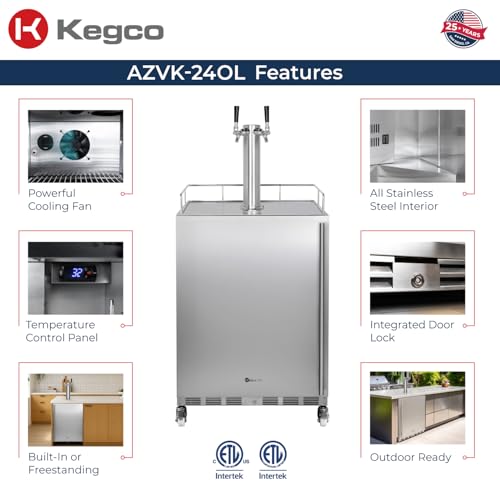 Image of Kegco 24 inch Wide Outdoor Build-In Dual Tap Stainless Steel Left Hinge Kegerator with Dispense Kit