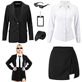 Funnysoft Halloween Agent Alien Costume for Woman Black Blazer Jackets Shirts Skirt Tie ID Badge for Halloween Cosplay(M)