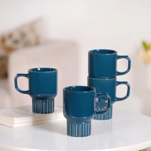 Image of Nestasia Ceramic Stackable Cups Set of 4 (270ml Each) - Fluted Bottom Tea & Coffee Cups with Glossy Finish | Microwave & Dishwasher Safe Cups - Ideal for Gifting (Deep Blue)