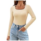 Camiseta básica de manga larga para mujer, cuello cuadrado, camiseta interior térmica, camiseta interior térmica, elegante, manga larga, térmica, ajustada, básica, jersey, B01 Beige, M