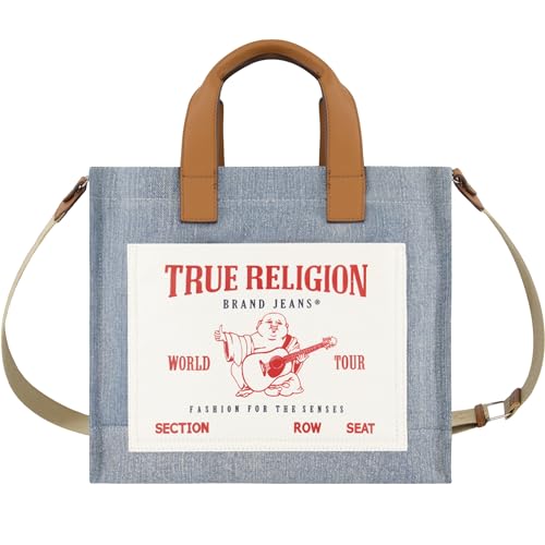 True Religion Tote Bag, Women's Medium Denim Travel Shoulder Bag with Adjustable Strap, Blue
