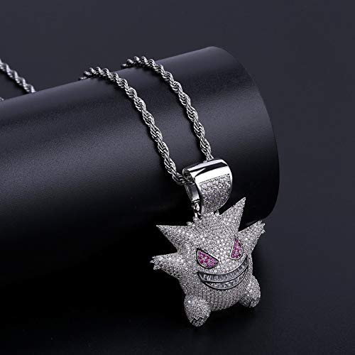 Kmasal Jewelry Unisex Exquisite Cartoon Pendant Hip Hop Iced Out Rhinestone Crystal Necklace 18K Gold Plated With 24” Stainless Rope Chain For Men Women (Silver) #TOP4