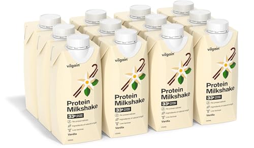 Vilgain Protein Milkshake, 33g Eiweiß pro Portion, Laktosearm, Fertiger Milchproteinshake, Hochwertige Zutaten, Ohne Künstliche Zusätze, Mit Stevia Gesüßt (12x330ml, Vanille)